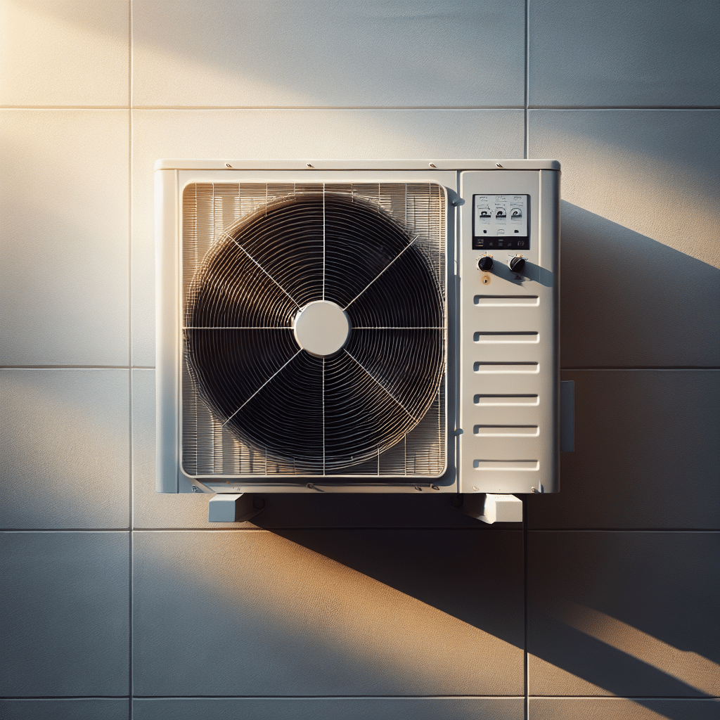 Wandmontierte Klimaanlage mit Ventilator und Steuerpaneel, montiert auf einer hellen Wand.