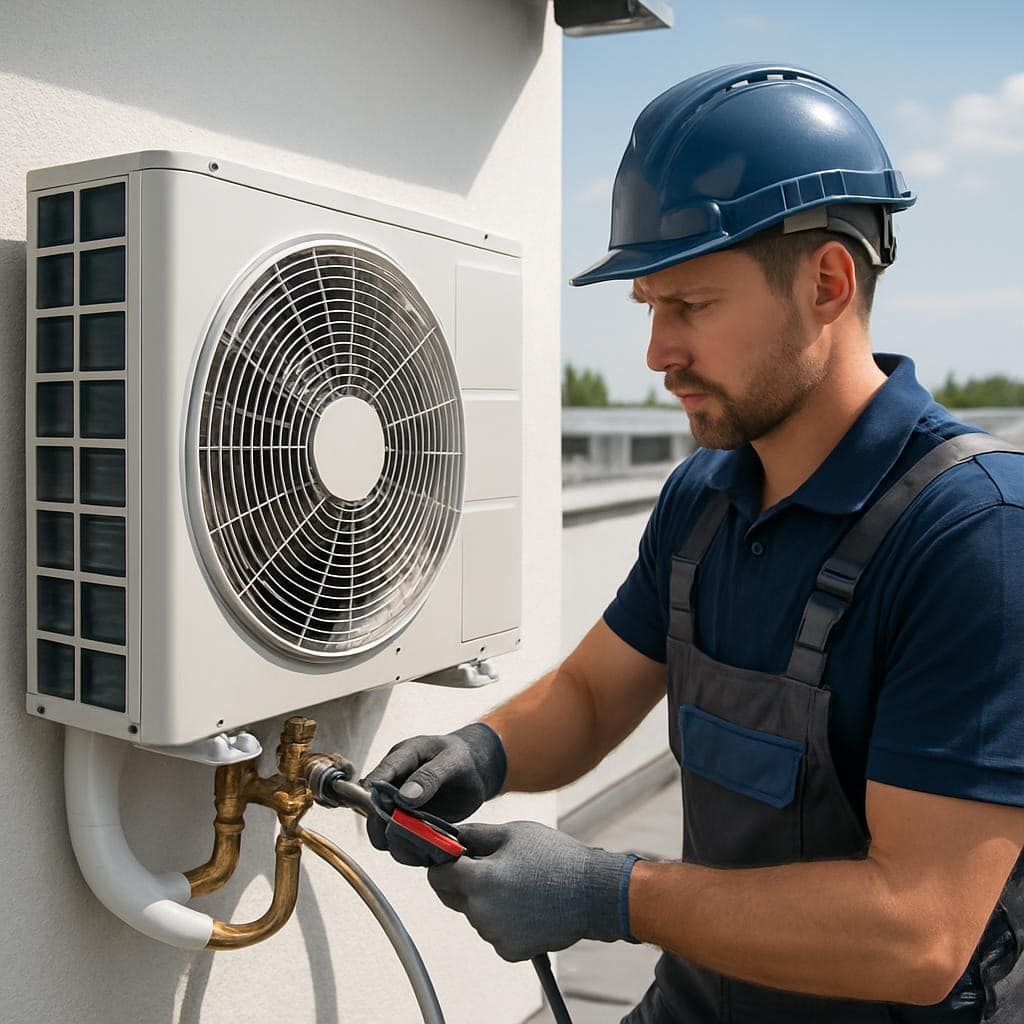 Ein Techniker installiert eine Klimaanlage auf einem Balkon, während er Werkzeuge in der Hand hält.
