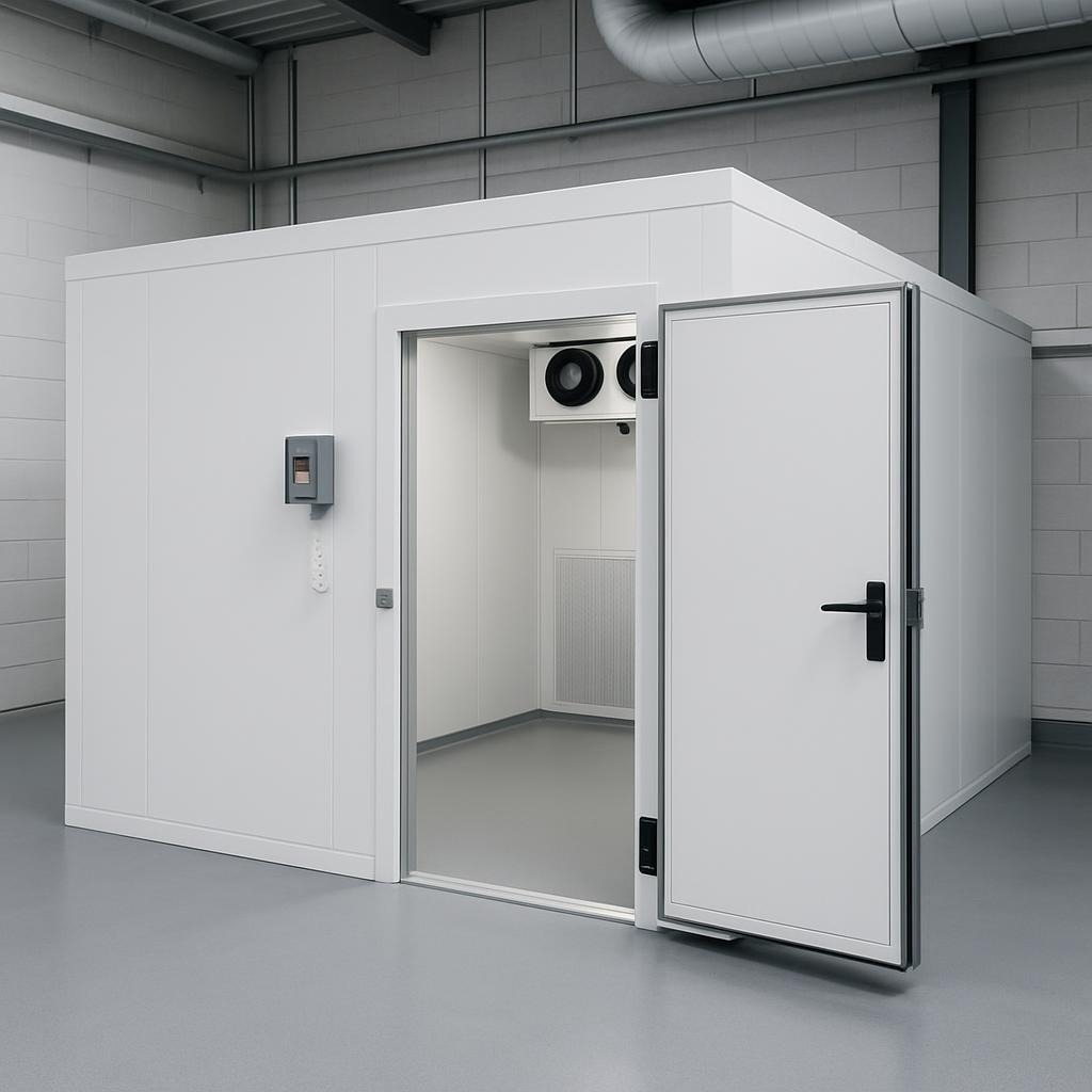 A white, well-lit cold storage room with an open door, showcasing an interior with ventilation systems and smooth flooring.